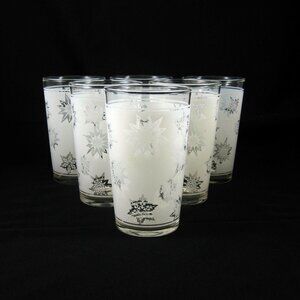 Federal Glassware Snowflakes White Frosted Set of 6 Glasses Vintage 1950s